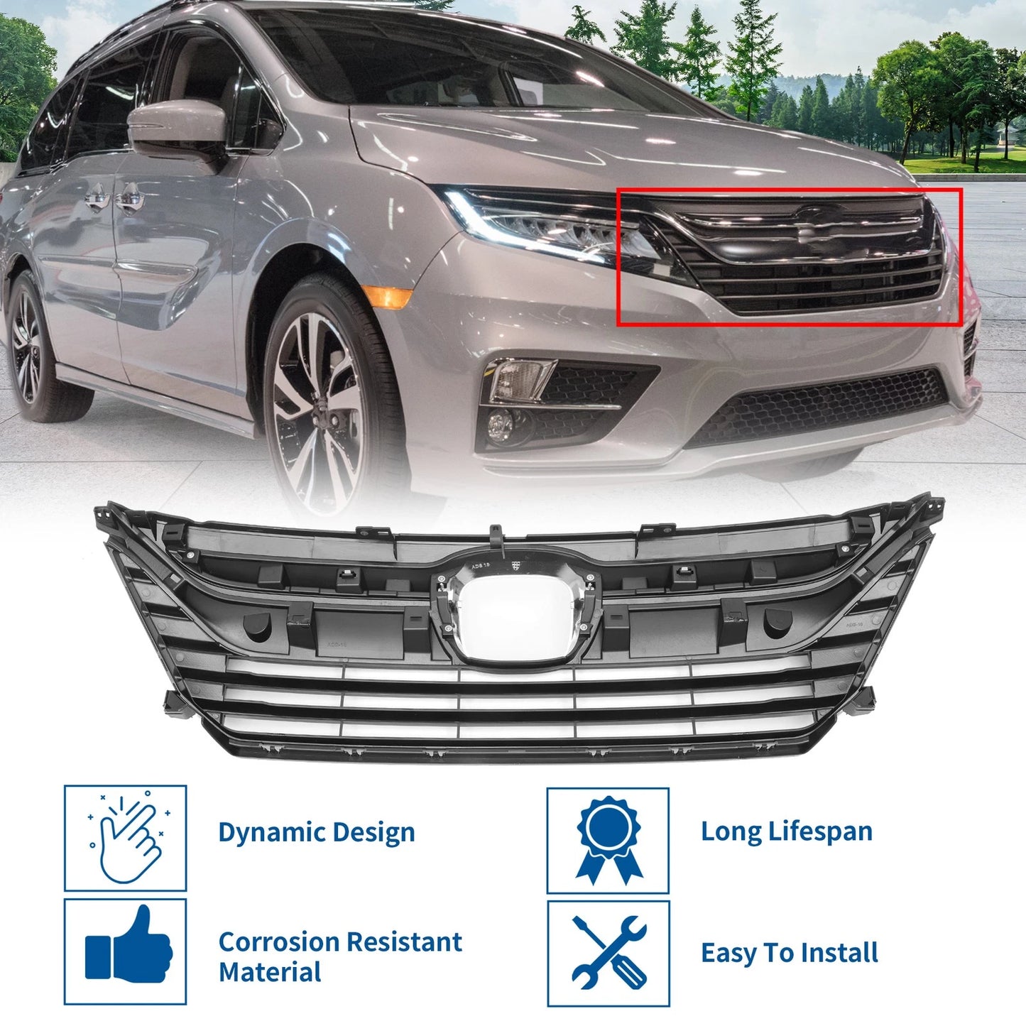 Front Upper Bumper Grille for Honda Odyssey (2018-2020) Chrome Silver Tone