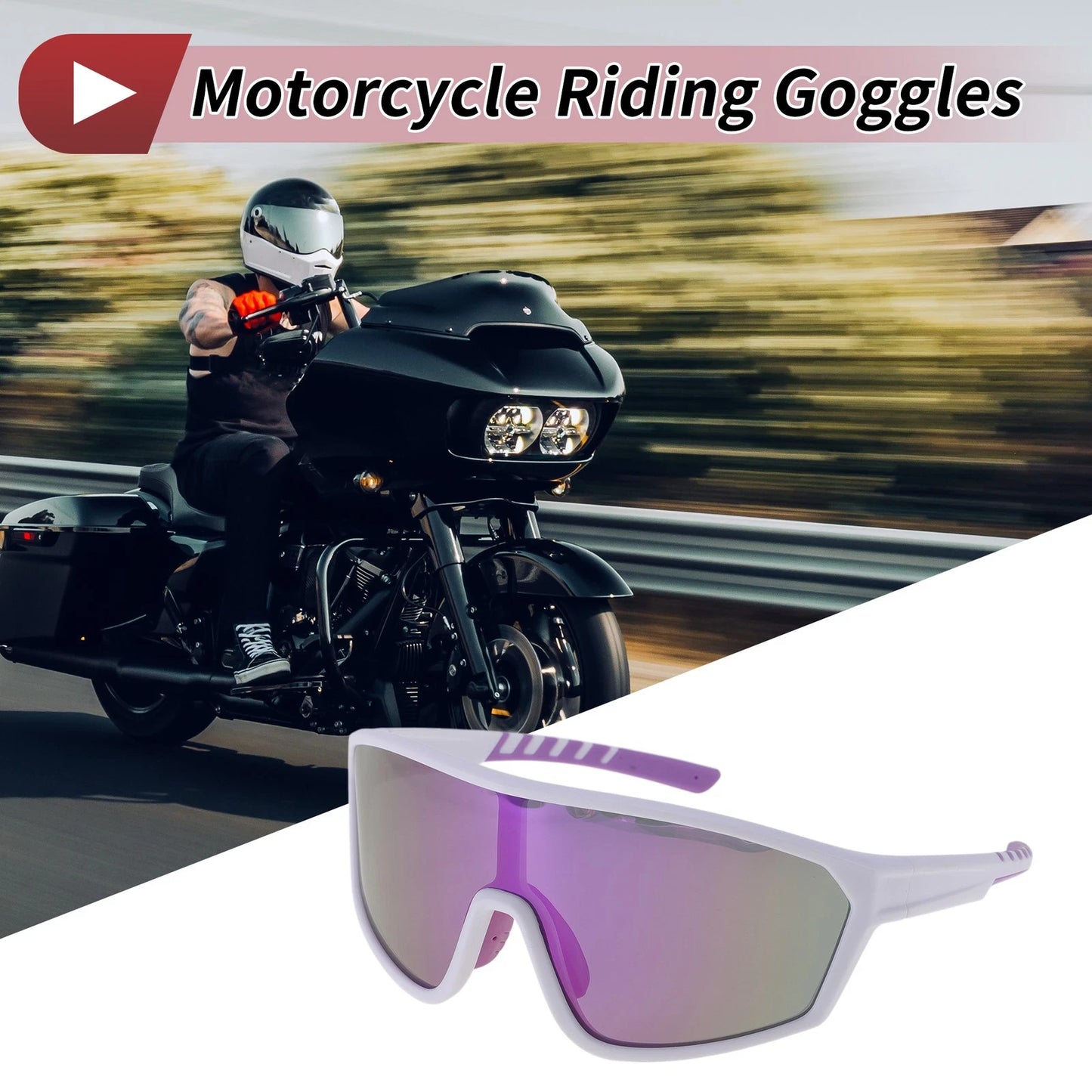 Set Motorcycle Riding Goggles Purple Lens White Purple Frame PC UV400