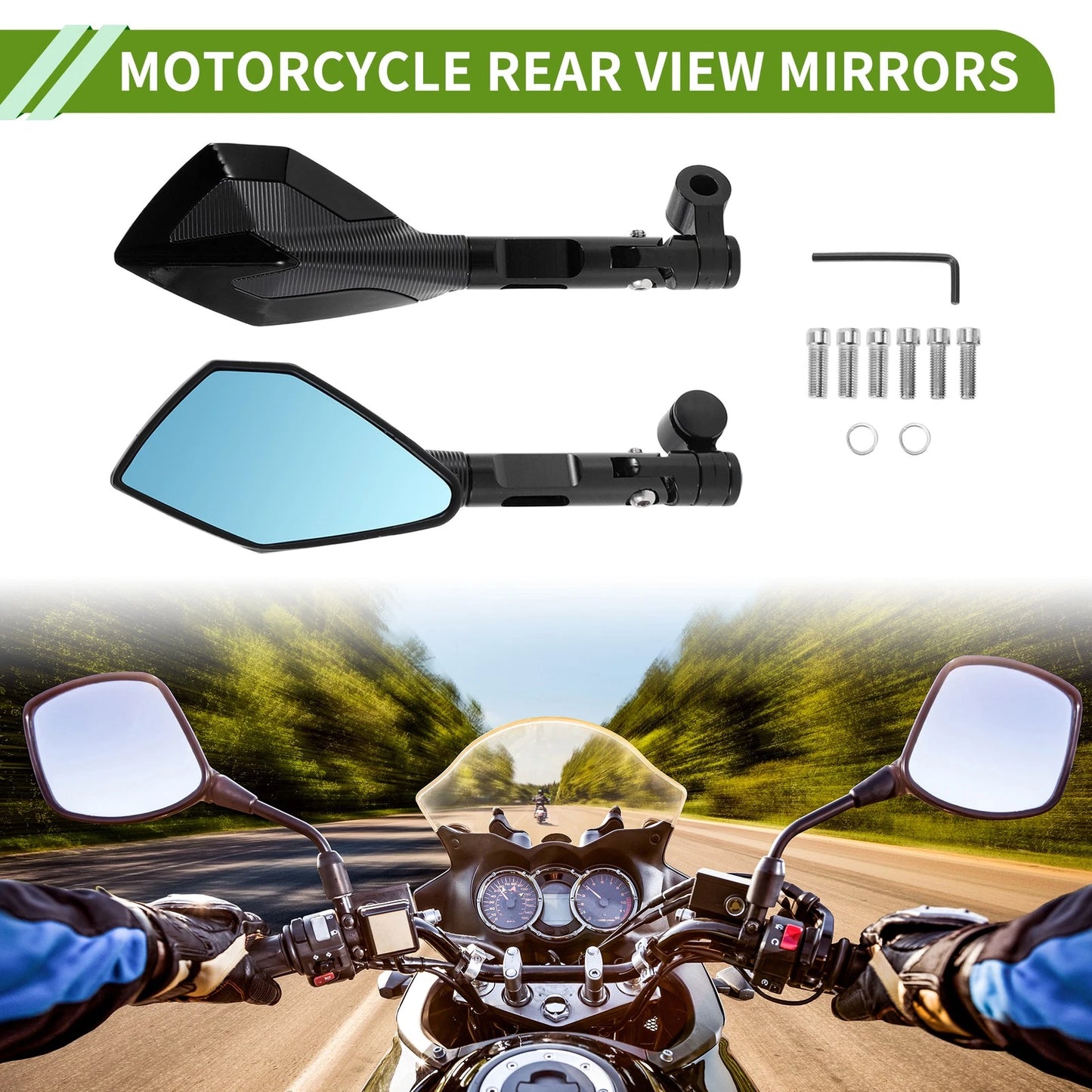M8/M10 Polygonal Rear View Mirrors Black Aluminum Alloy 1 Set