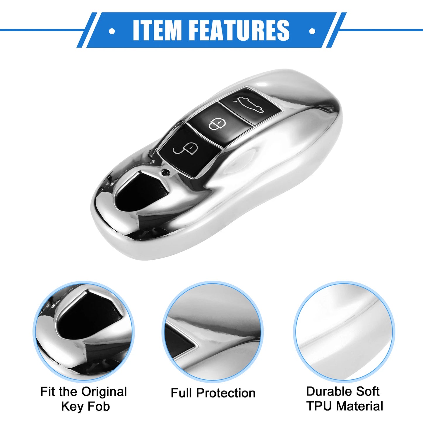3 x Button Car Remote Key Fob Cover for Porsche Macan (2014-2022) TPU Silver Tone