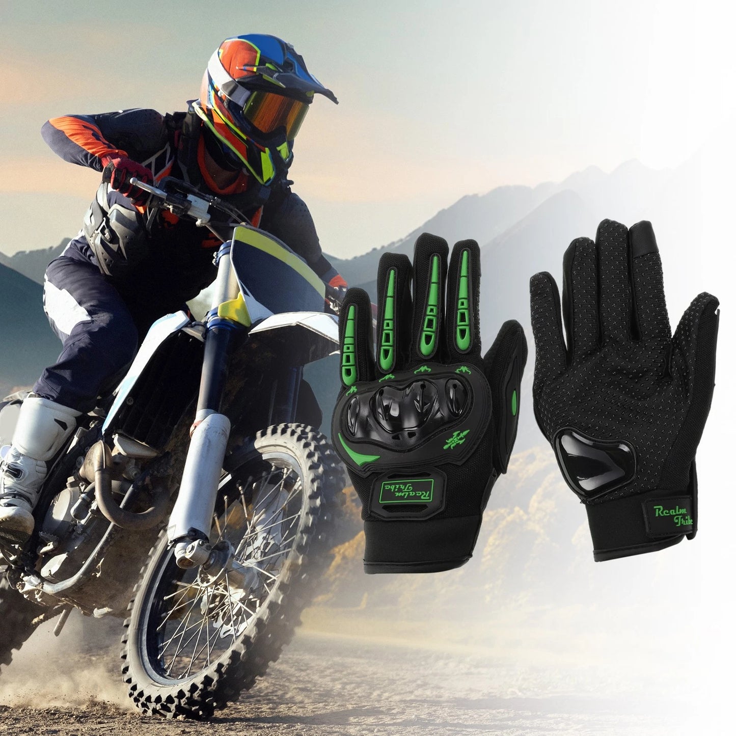 M Motorcycle Glove Breathable Full Finger Nylon Outdoor Gloves Green for M