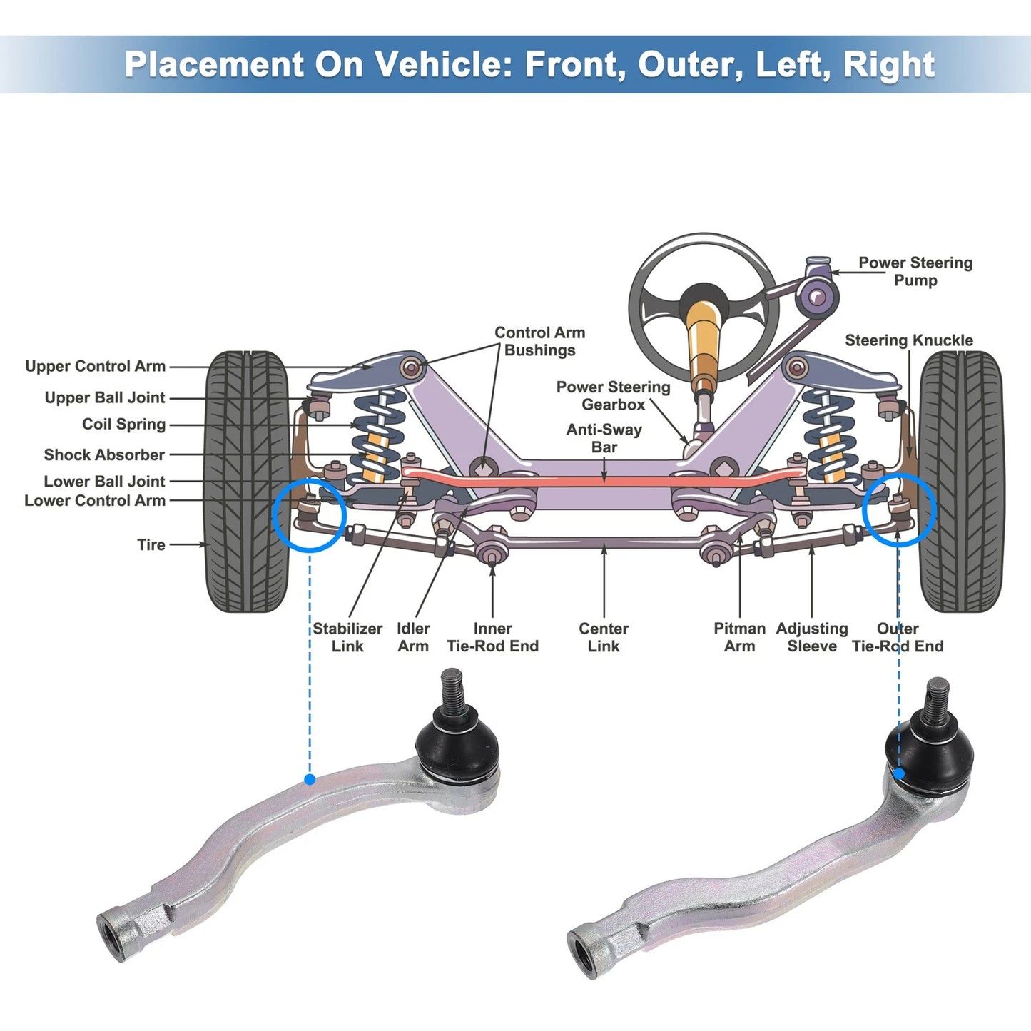 2 x Front Outer Tie Rod End Links for Honda Civic CR-V (2001-2006)