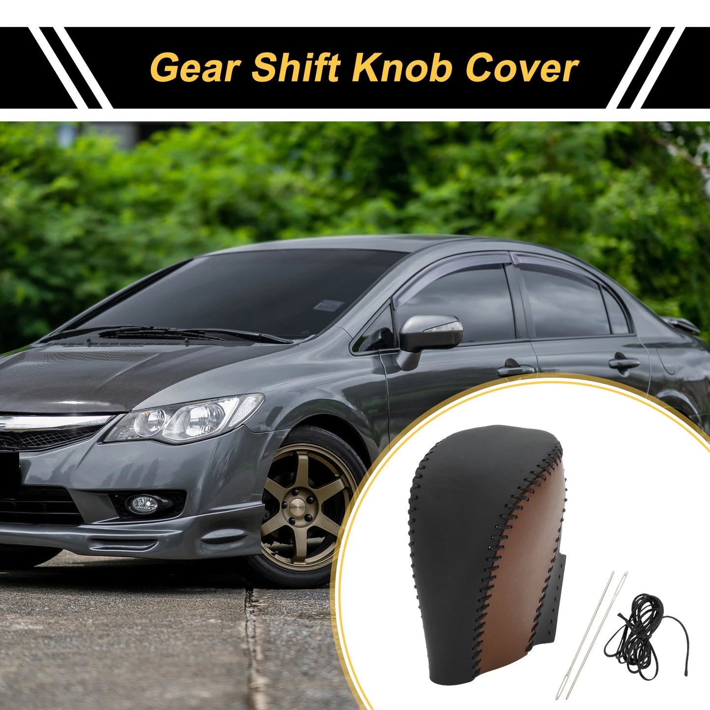 Gear Shift Knob Cover for Honda Civic 2016-2021 Black Brown Faux Leather