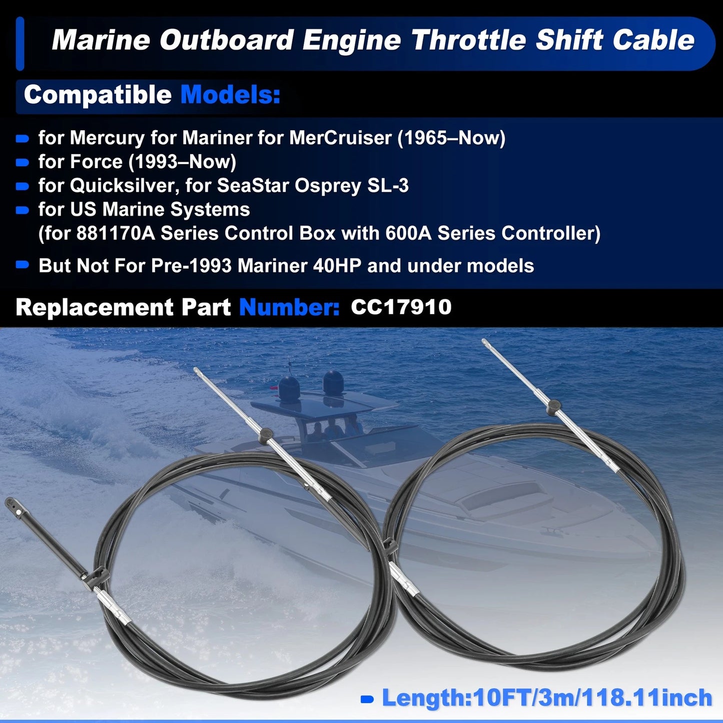 2 x 10FT Gen1 Boat Outboard Throttle Shift Cable for Mercury Engine CC179