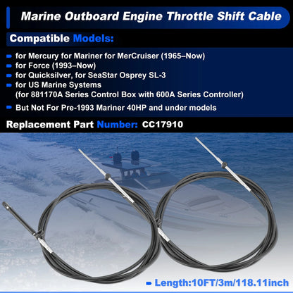 2 x 10FT Gen1 Boat Outboard Throttle Shift Cable for Mercury Engine CC179