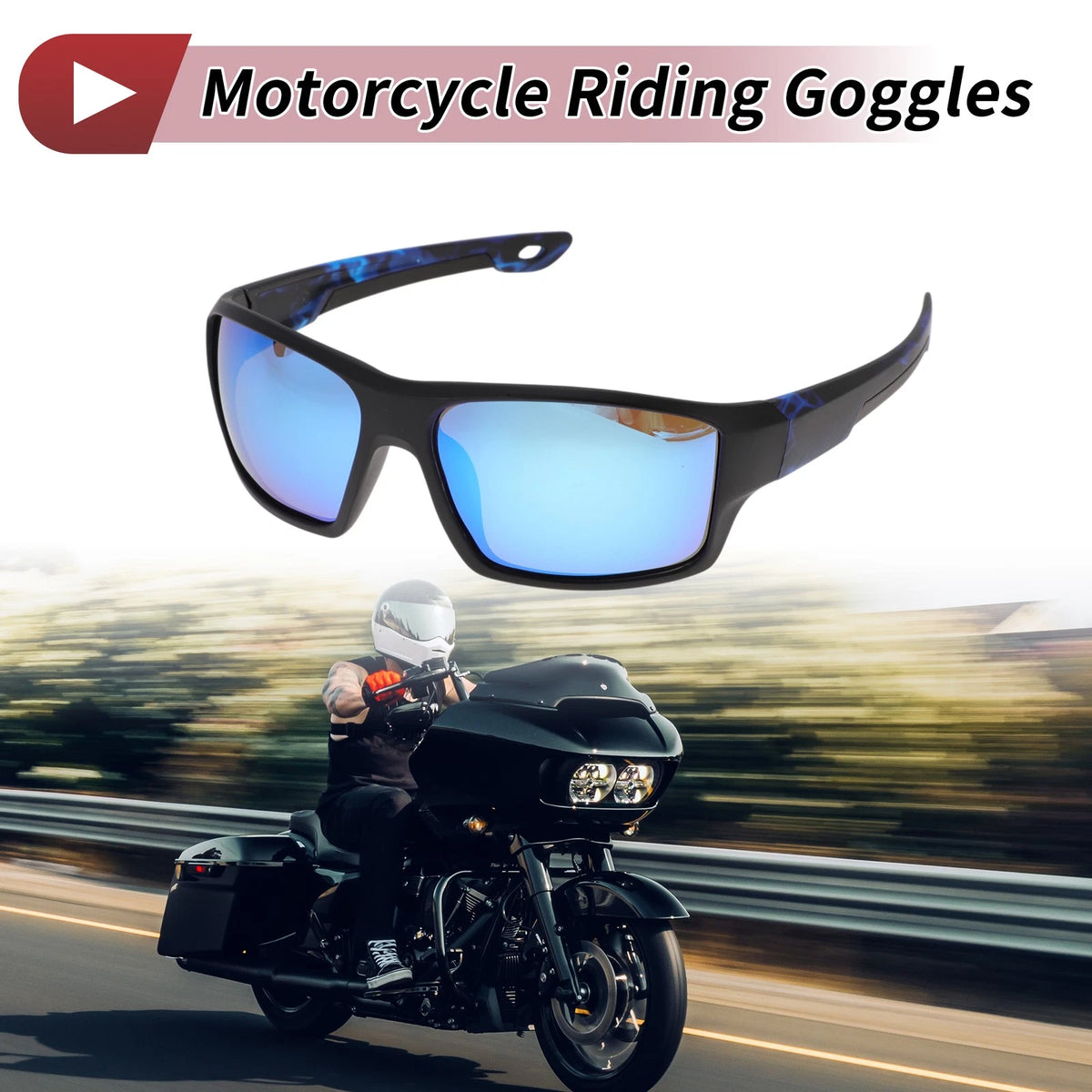 Motorcycle Riding Goggles Blue Lens Black Frame Glasses for Men and Women