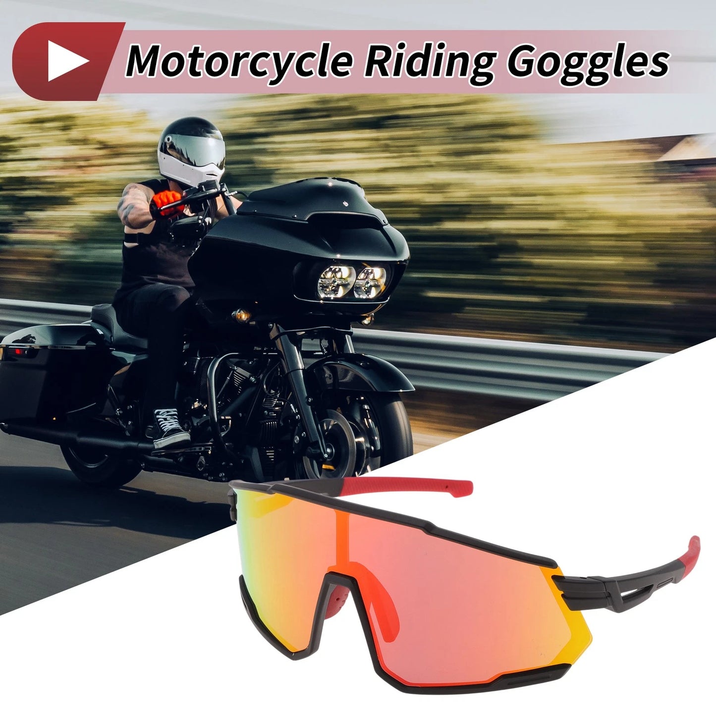 Goggles for Motorcycle Riding Red Lens Black Frame Cycling Sunglasses UV400