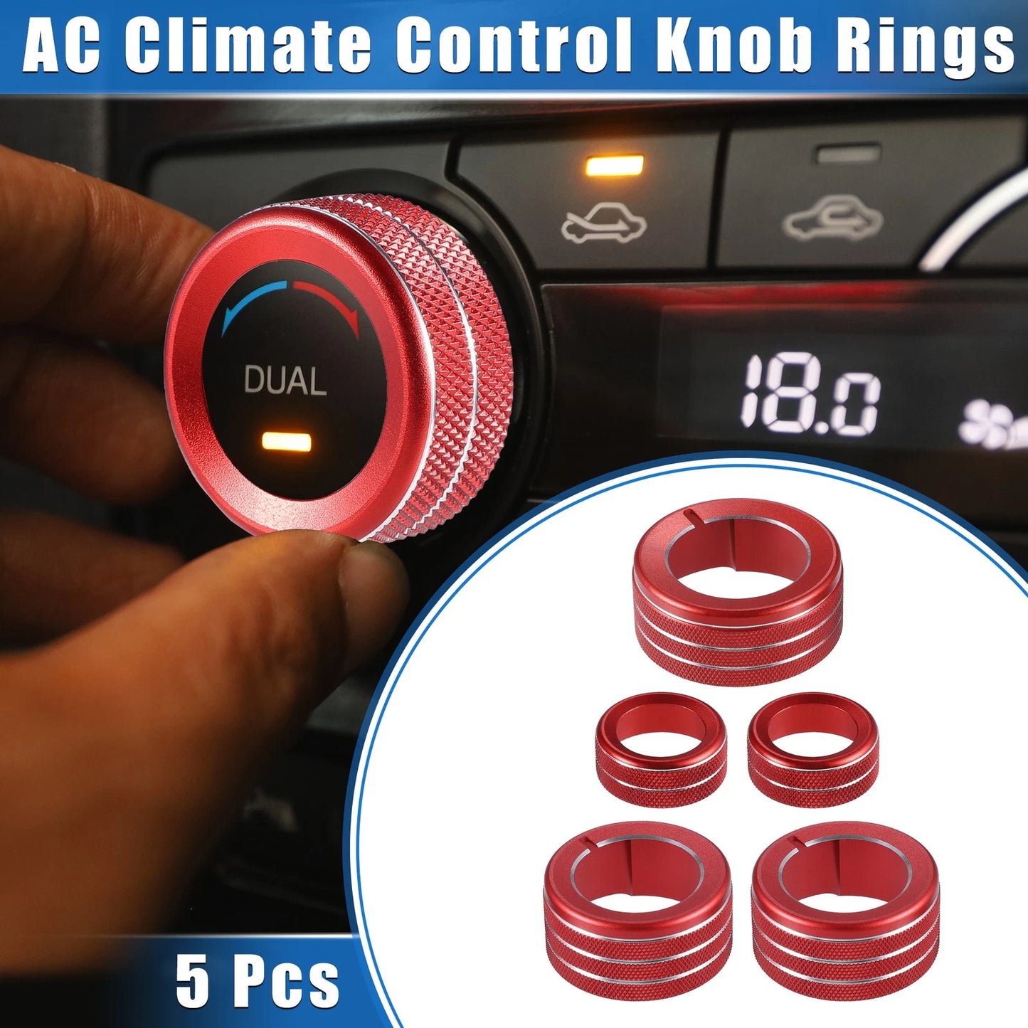 5 Pcs AC Climate Control Knob Rings for Toyota 4Runner (2010-2022) Red