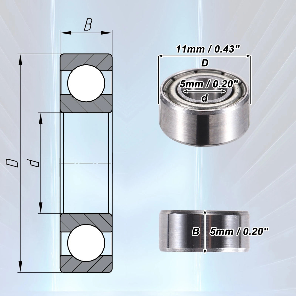 20pcs 5x11x5mm Double Metal Shield Single Row Deep Groove Ball Bearings
