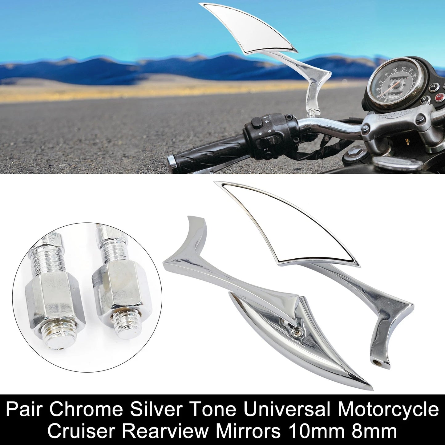 Pair Chrome Silver Tone Rearview Mirrors 13.5x4.5cm Motorcycle Cruiser