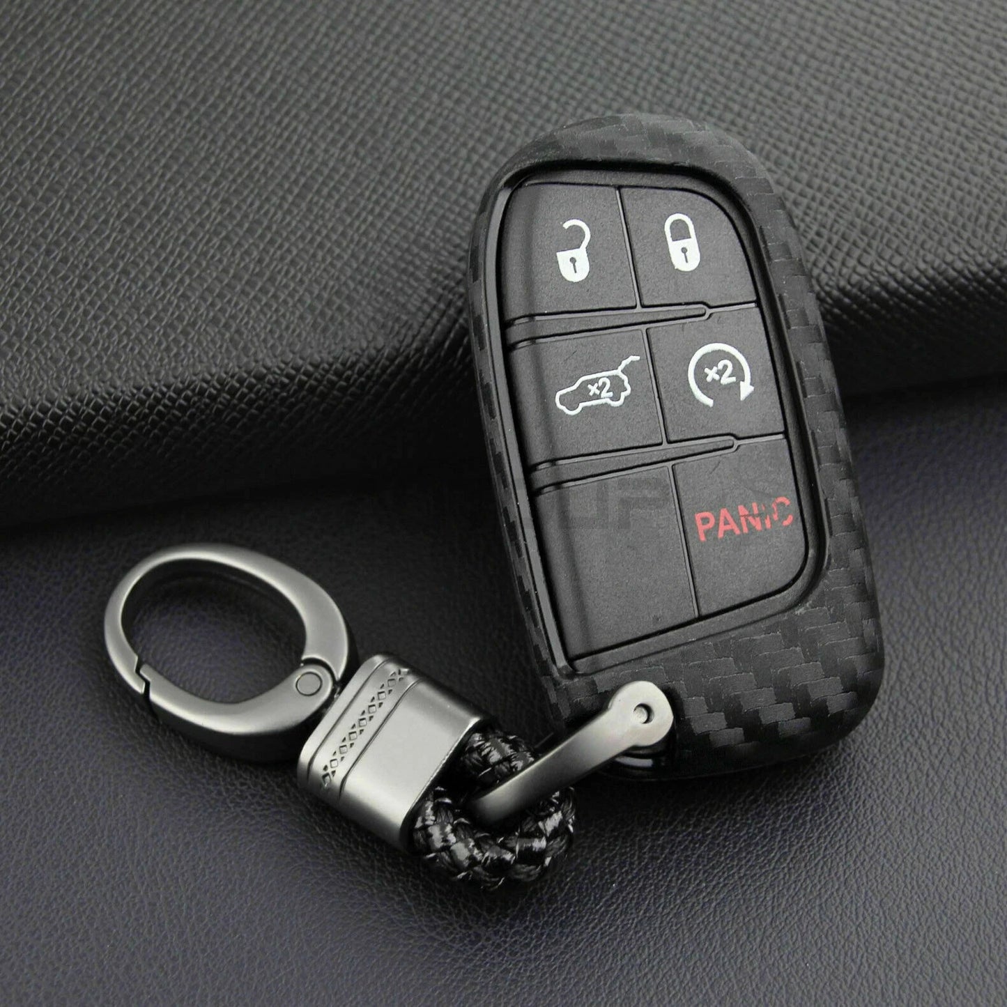 Carbon Fiber Key Fob Chain Accessories Cover Case Ring for Jeep Dodge Chrysler