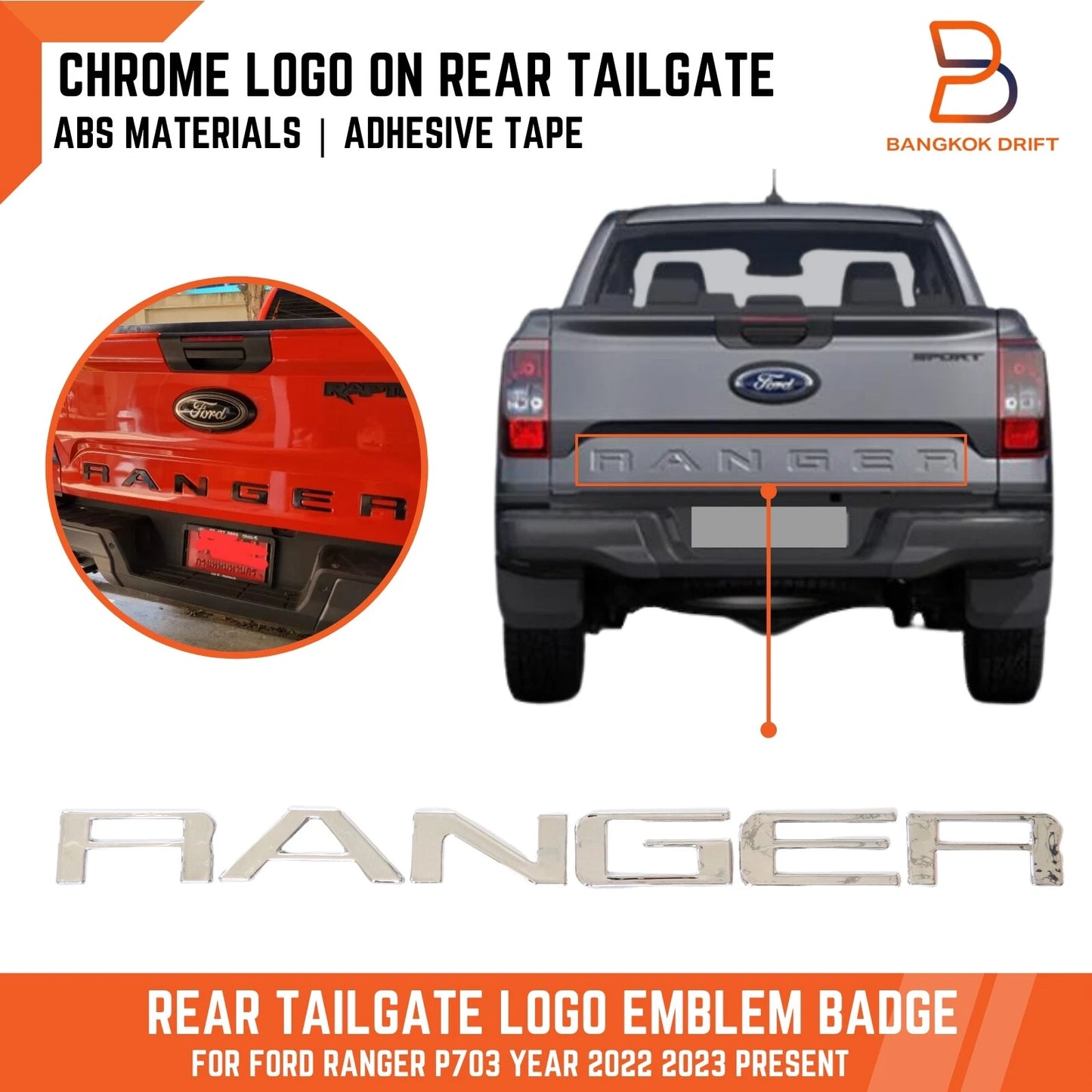 Chrome Rear Tailgate 3D Badge Emblem Logo for Ford Ranger (2023-2025)