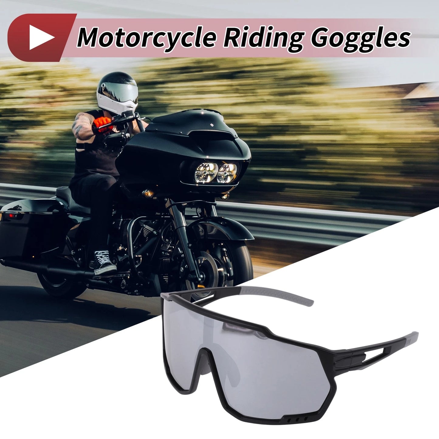 Motorcycle Riding Goggles Silver Tone Gray Black Tri-Acetyl Cellulos PC
