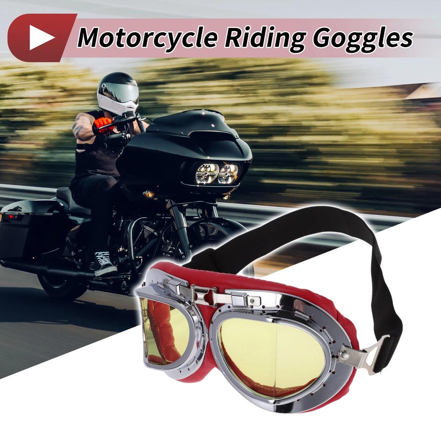 Motorcycle Riding Goggles Yellow Lens Red Frame PC Cycling Sunglasses