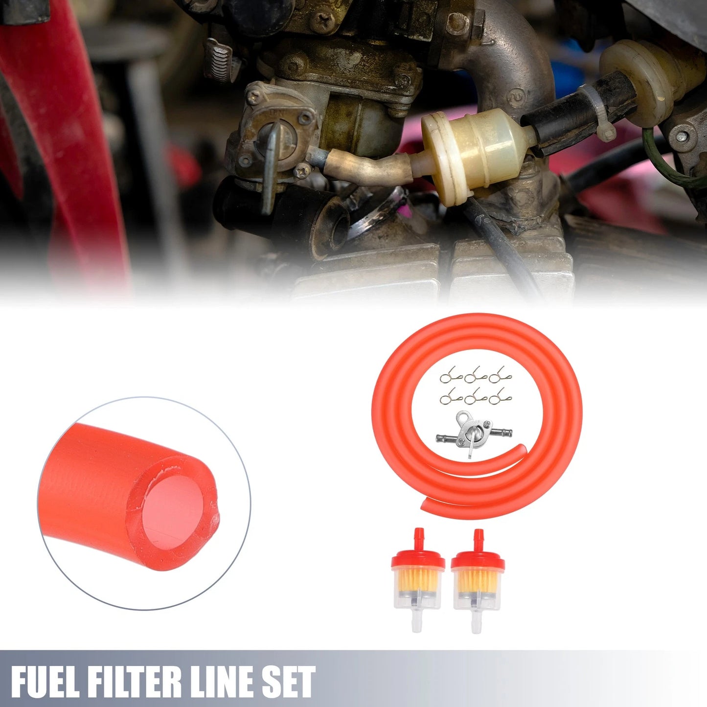 Set Motorcycle Fuel Line Clamps with 2 Fuel Filters for CRF50 70 90 ATV Red