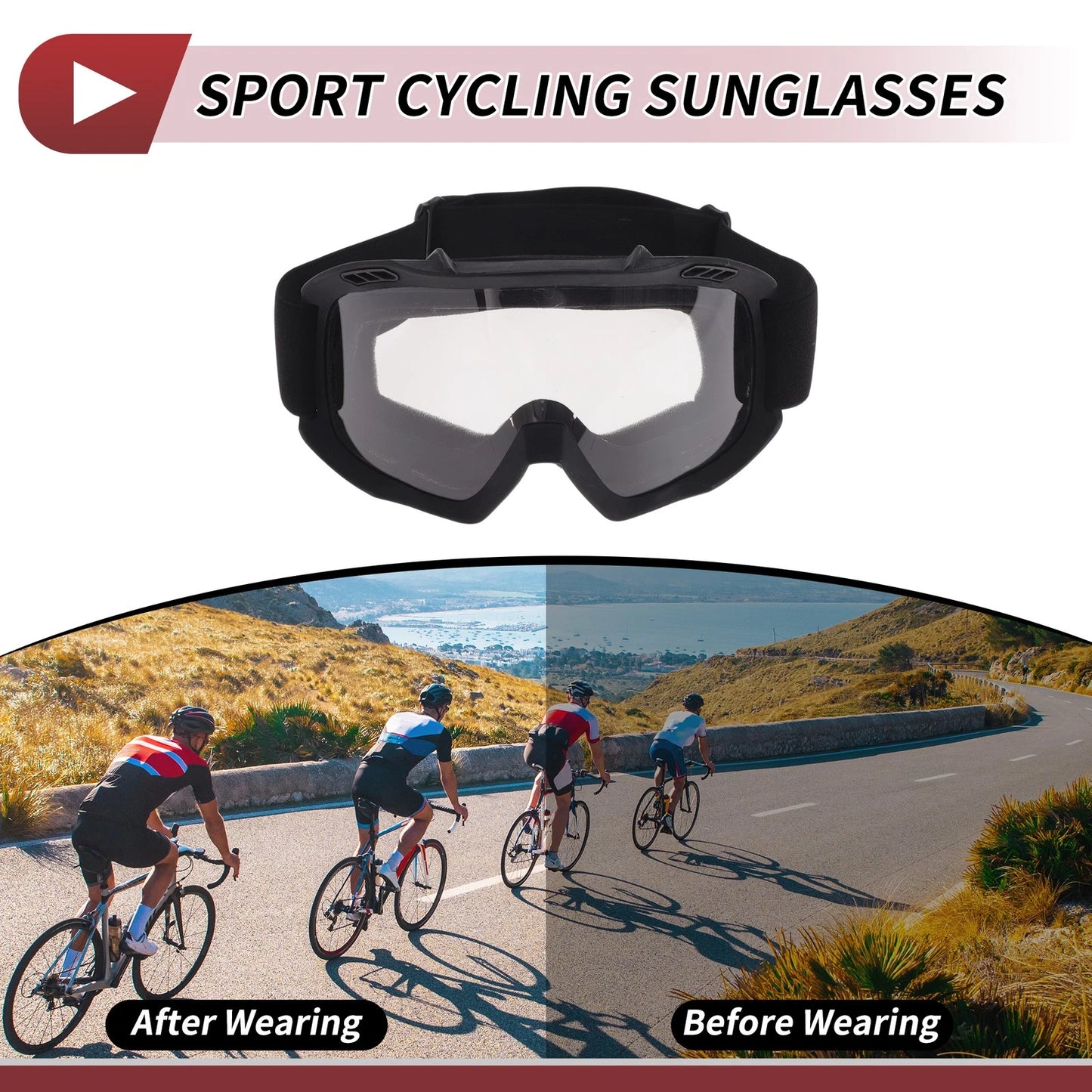 1Pc Motorcycle Riding Goggles Clear Lens Black Frame PC TPU Cycling Sunglasses