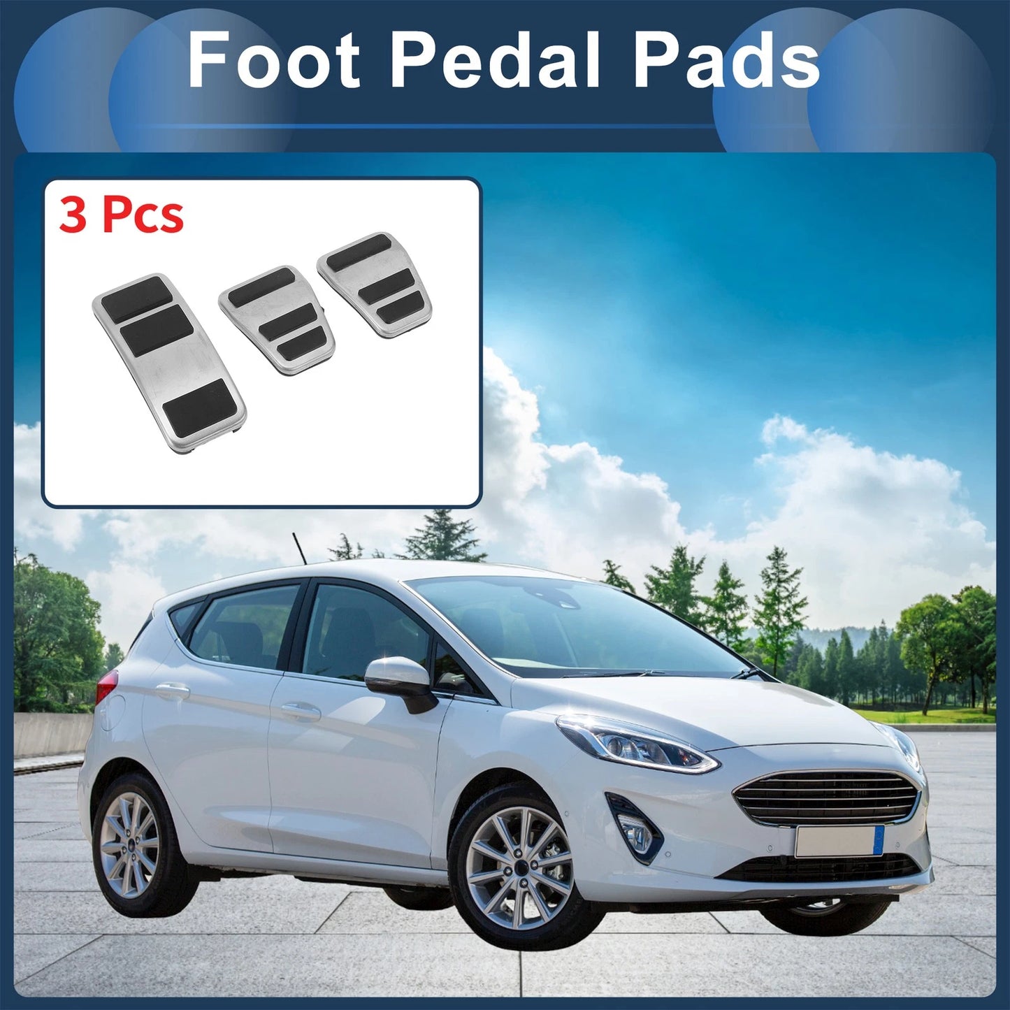 3 x Foot Accelerator Pedal Covers for Ford Fiesta (2013-2024) Silver Tone