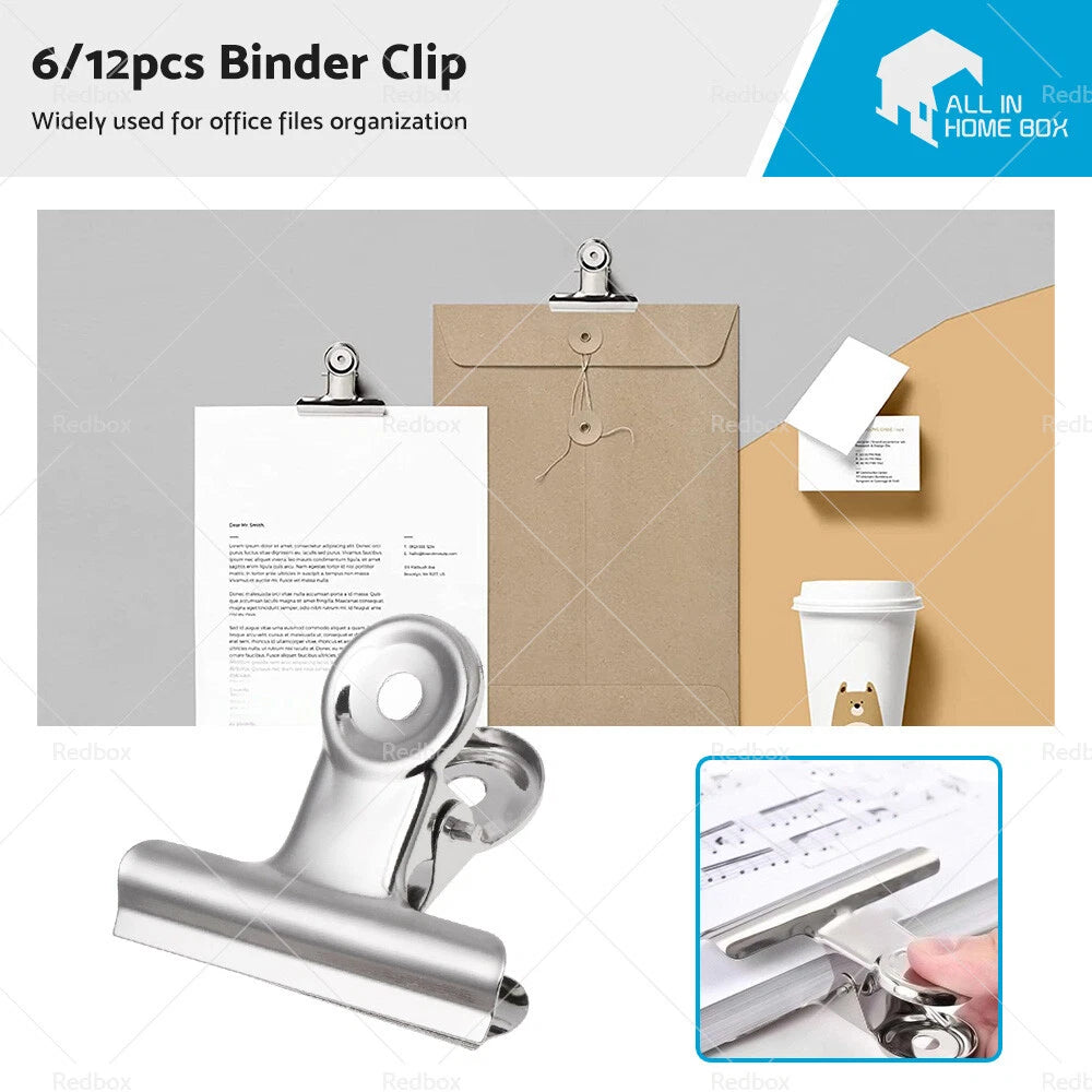 Stainless Steel Bulldog Paper Clips 75mm - 6 x Office Binder Clamps