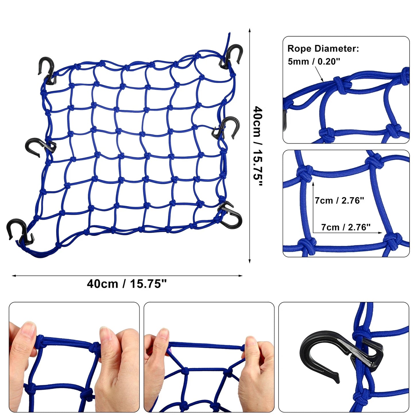 1 Pcs 40x40cm 49-Hole Motorcycle Luggage Net Bag with 6 Hooks Blue