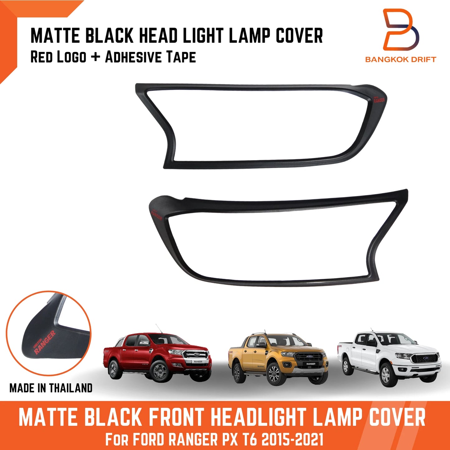 Matte Black Red Logo Headlight Lamp Cover Trim for Ford Ranger (2015-2021)