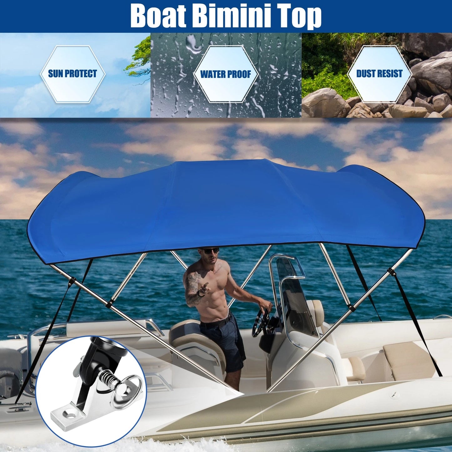 600D 4 Bow 8'L x 54'H x 67-72"W Bimini Top Stainless Deck Hinges Blue for Boats