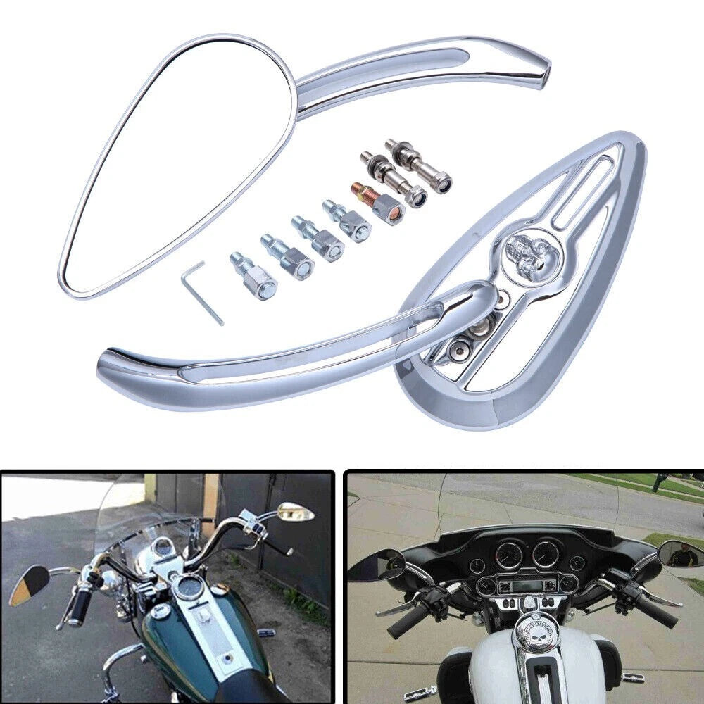 Skull Chrome Motorcycle Mirrors for Harley Davidson Road King, Street Glide, Dyna