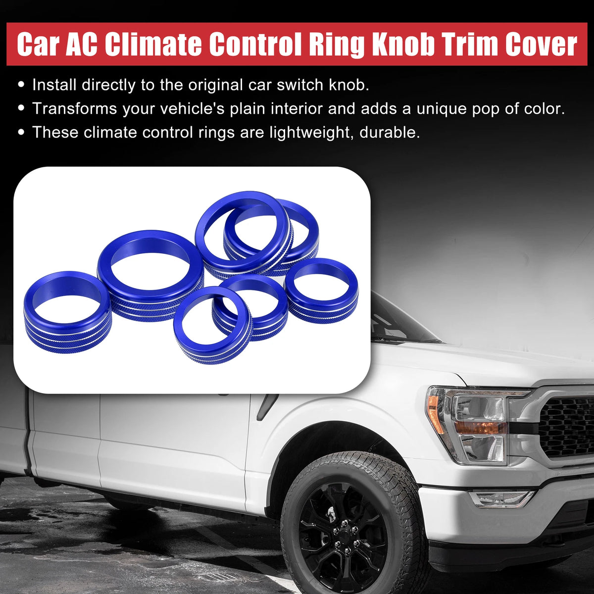 7 x Blue AC Climate Control Ring Knob Trim Covers for Ford F-150 (2021-2022)