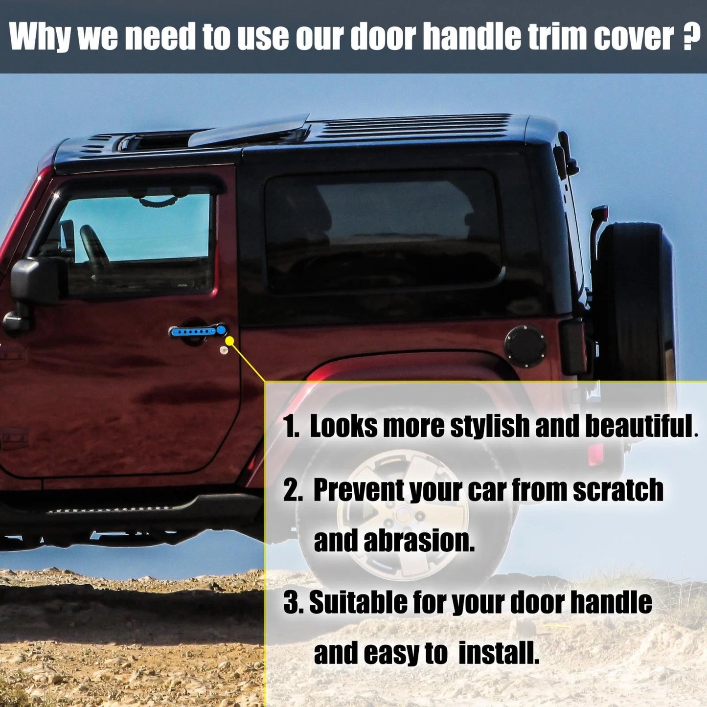 3 x Door Handle Trim with Button Covers for Jeep Wrangler 2 Door (2007-2018)