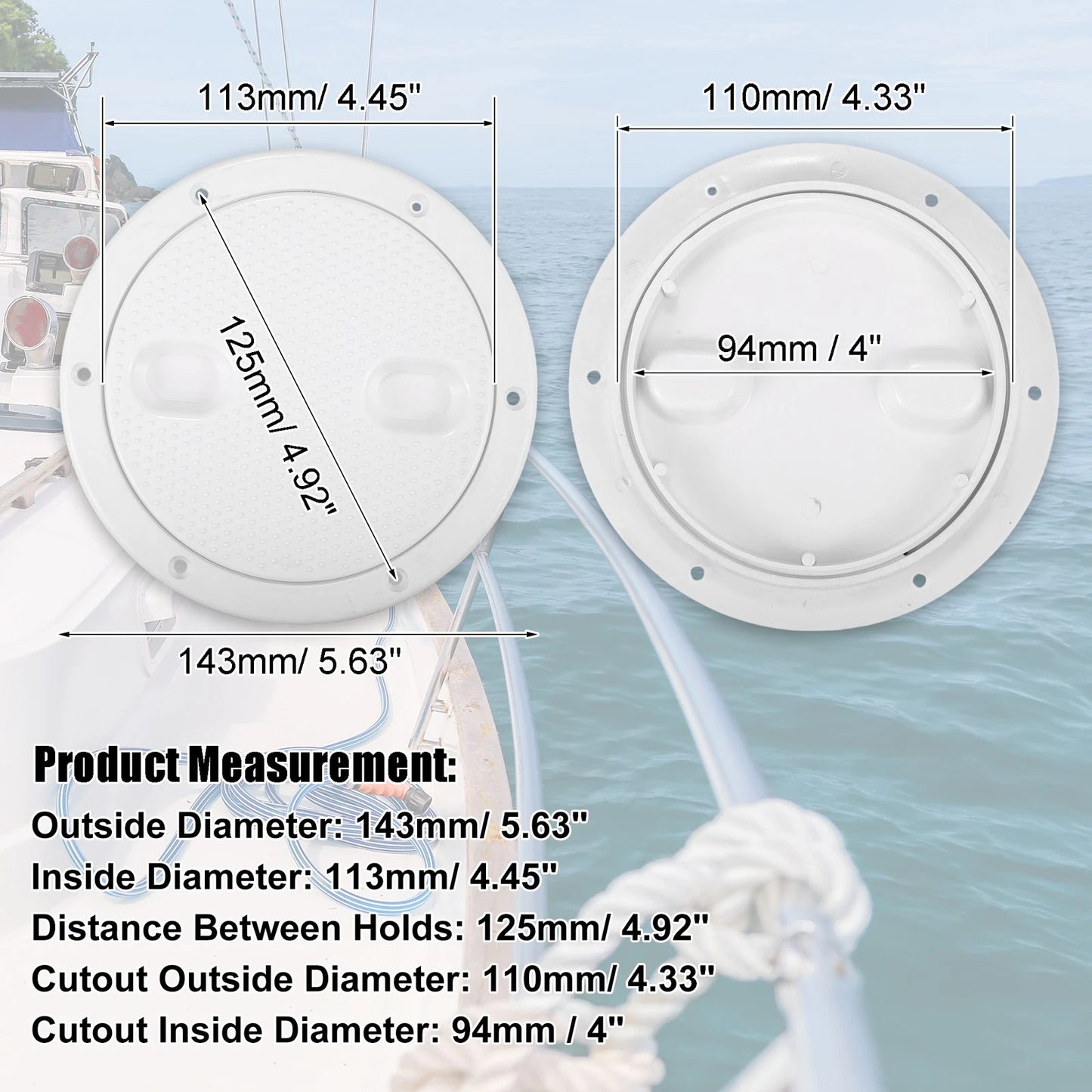 Hatch / 4" / Round Deck Plate Non-Slip Oval Groove White for Marine Boat