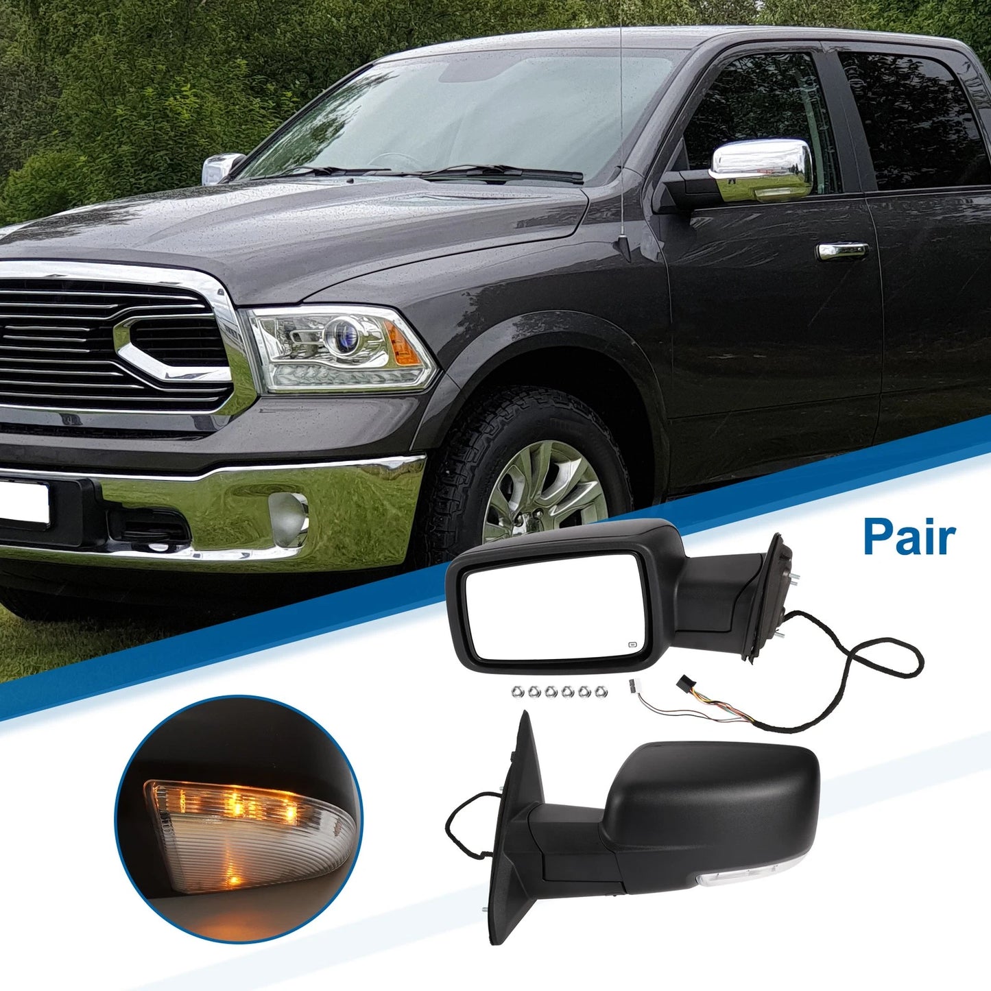 Tow Mirrors with Temperature Sensor Black for Dodge Ram 1500 (2009-2018)