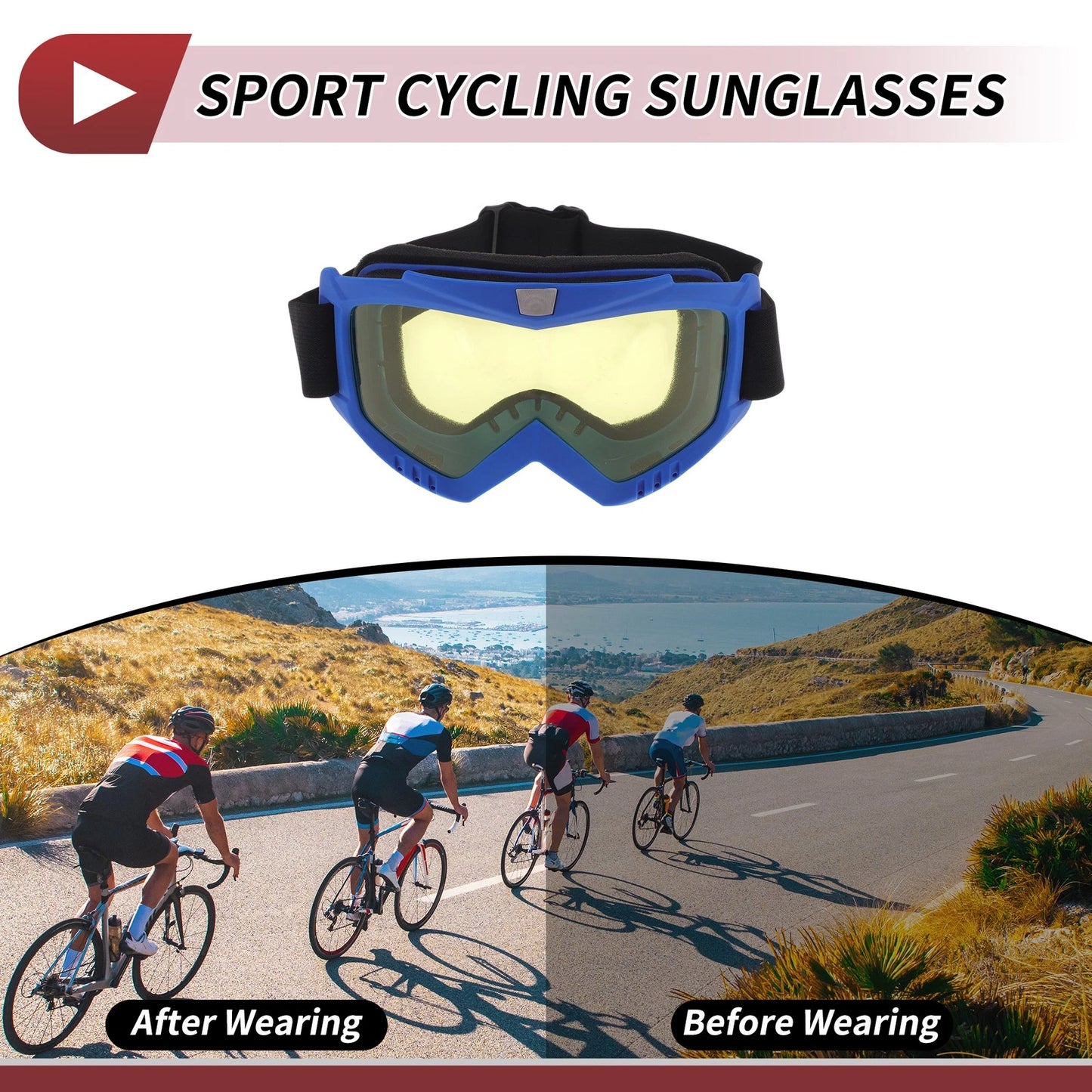 1x Motorcycle Riding Goggles Yellow Lens Blue Frame Cycling Sunglasses