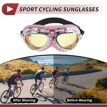 1 Pc Motorcycle Goggles Yellow Lens Pink Silver Tone Frame PU Sponge for Bike