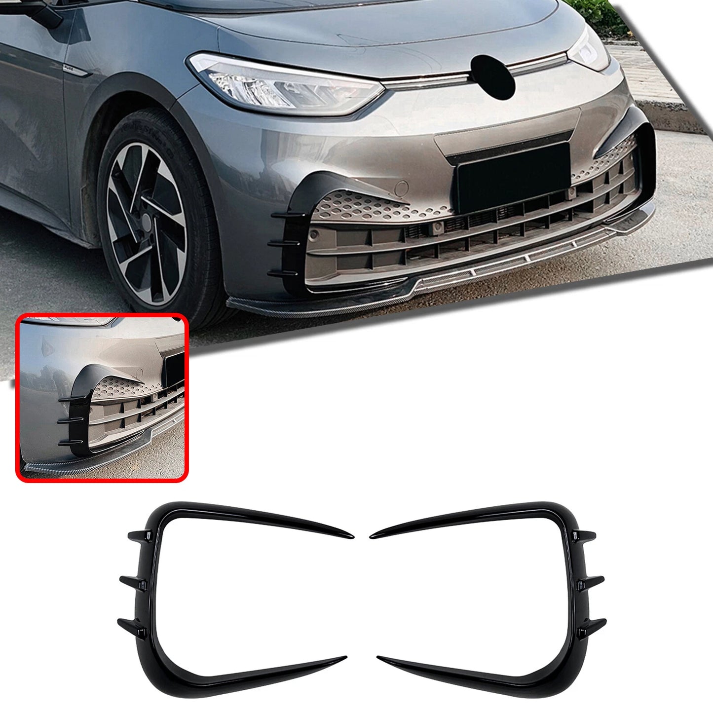 2 x Gloss Black Front Bumper Side Air Vent Trims for Volkswagen ID.3 (2019-2022)