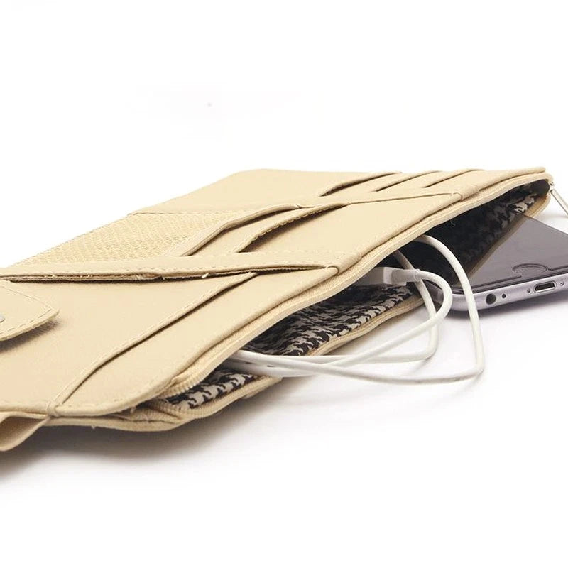 Beige Car Sun Visor Organizer Pouch Bag for Interior Pocket Storage
