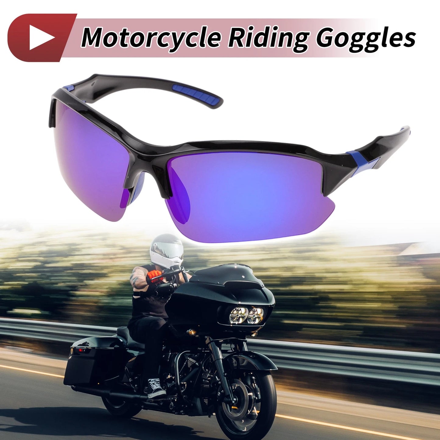 Goggles Motorcycle Riding Blue Lens Black Blue Frame Tri-acetal Cellulose PC