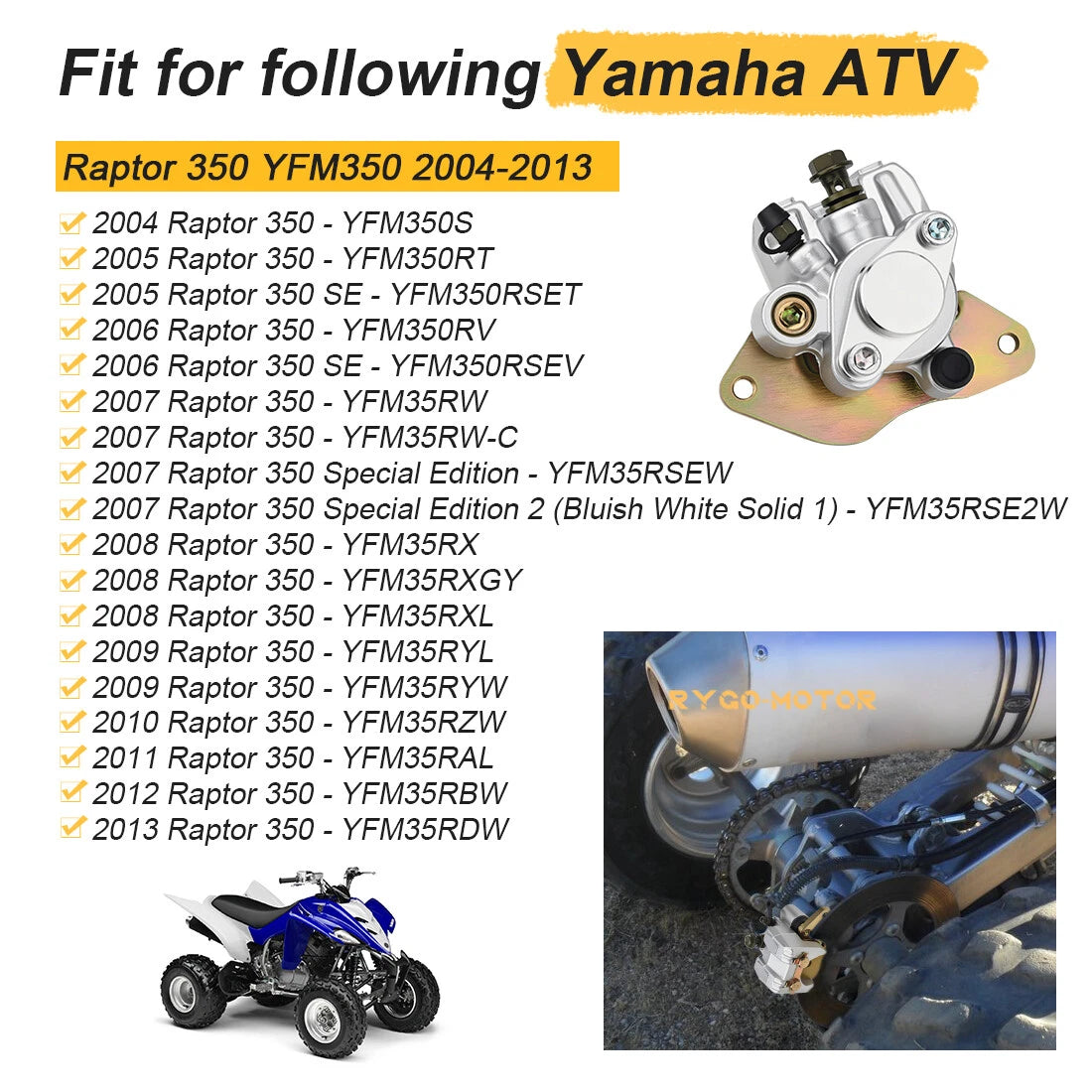 Rear Brake Caliper & Pads for Yamaha ATV Raptor