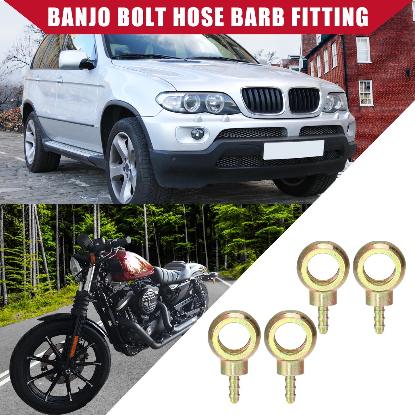 4 Pcs Banjo Bolt Hose Barb Fitting 16mm ID 6mm OD for Auto Motorcycle