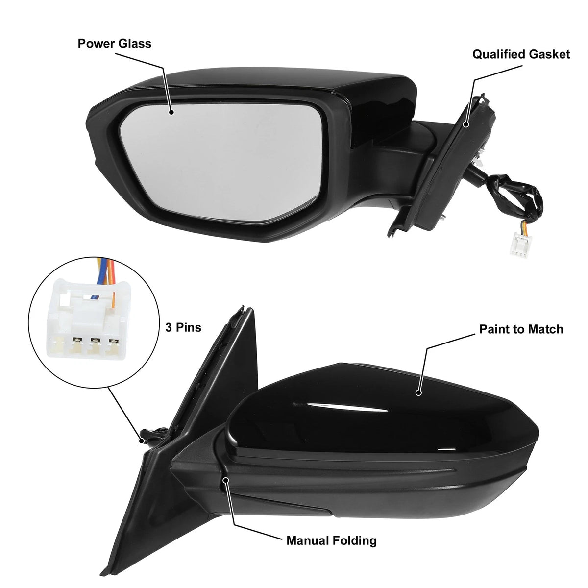 3 Pin Left Side Door Mirror Assembly Black for Honda Civic (2016-2021)