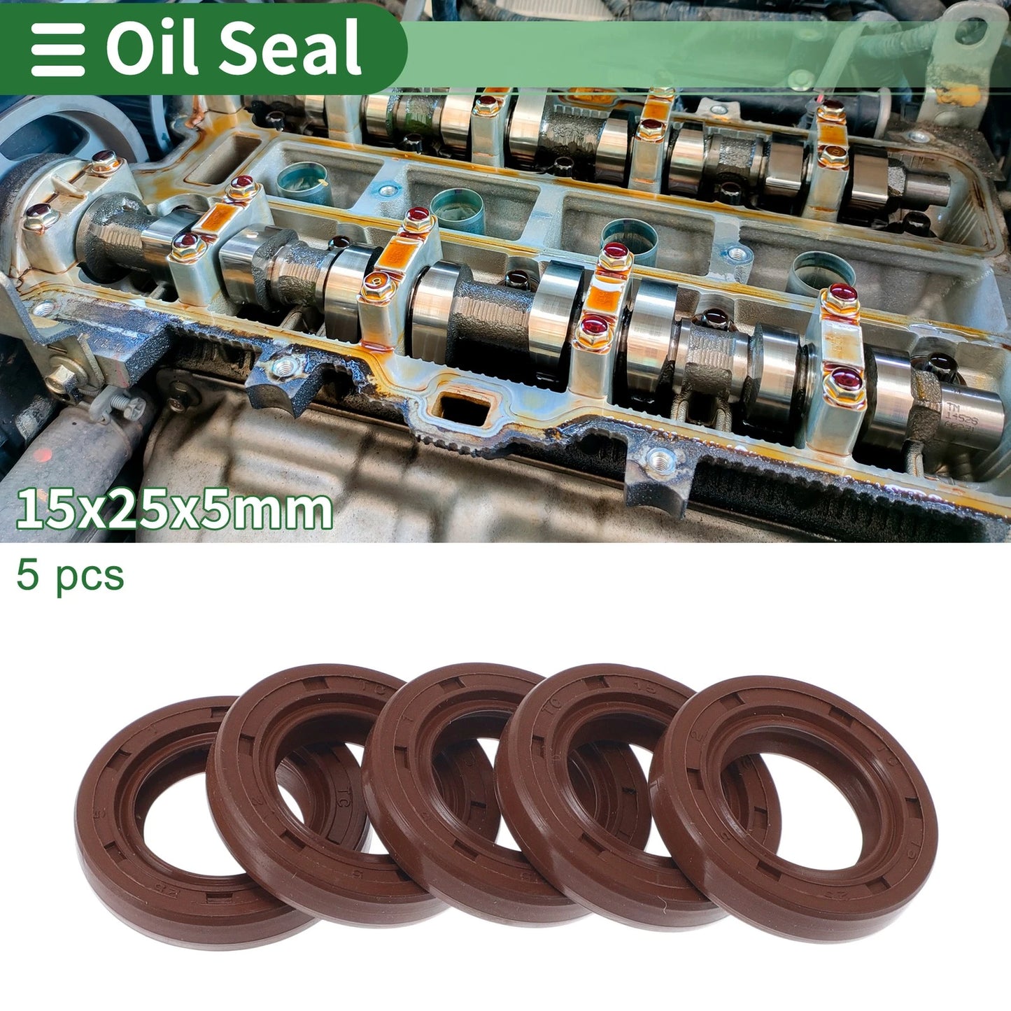 Oil Seal 15x25x5mm FKM Rubber Shaft Seal Brown 5 Pcs