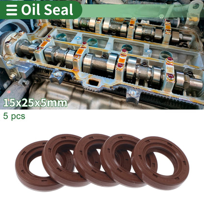 Oil Seal 15x25x5mm FKM Rubber Shaft Seal Brown 5 Pcs