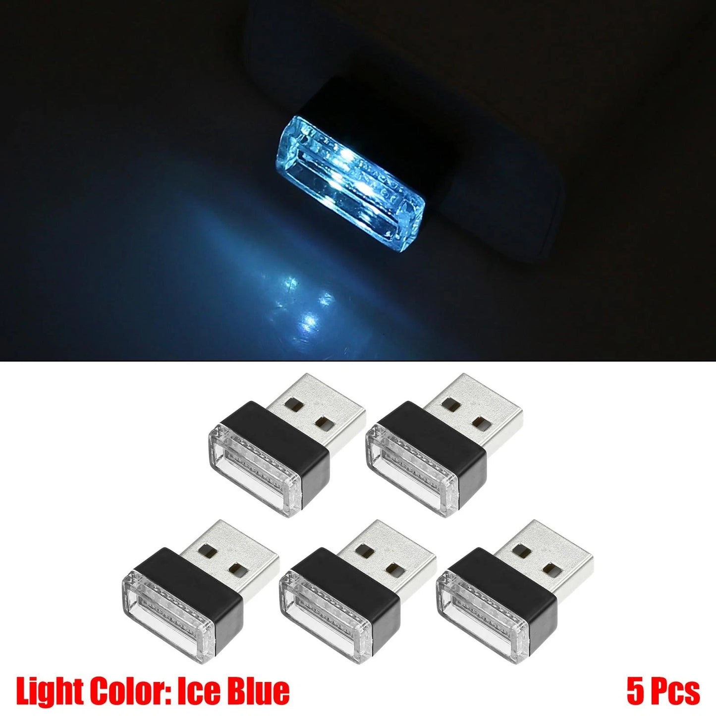 5 x Ice Blue Mini USB LED Lights for Car Interior Decoration