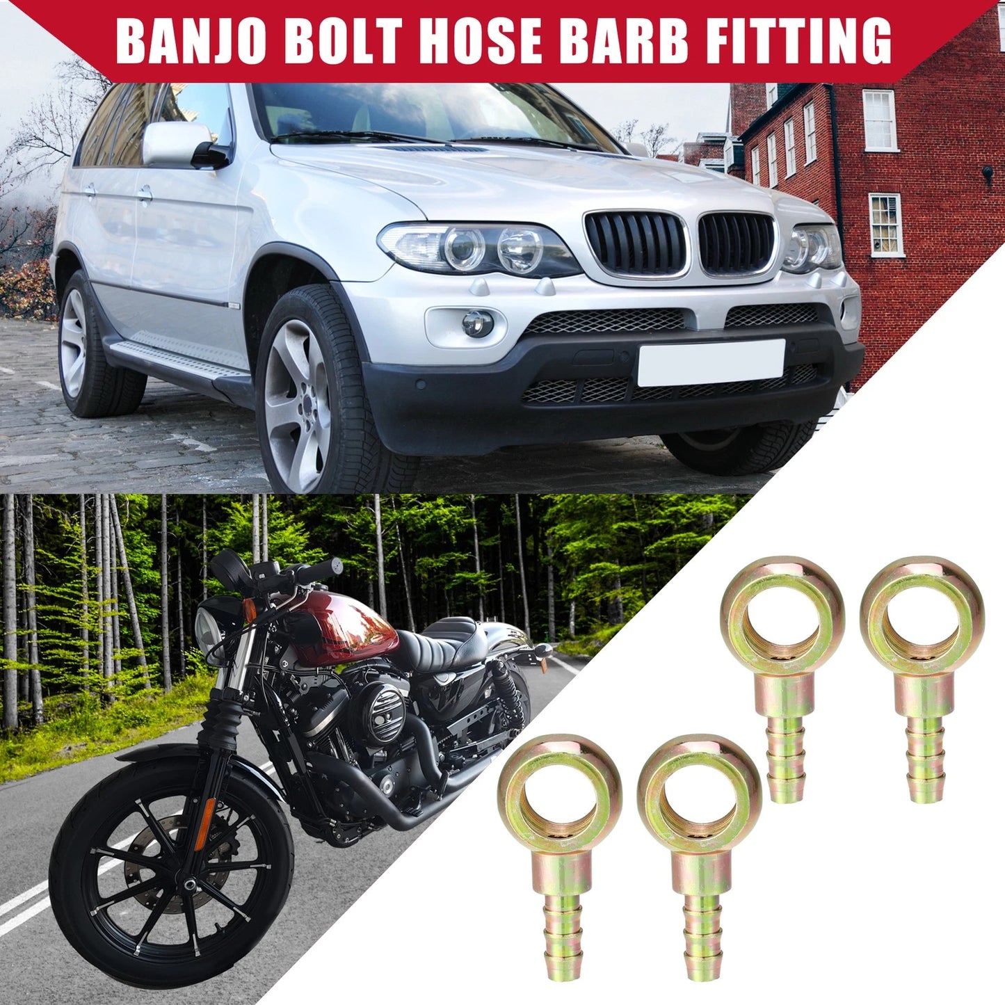 4 x Banjo Bolt Hose Barb Fitting 14mm ID 8mm OD Metal for Auto Motorcycle