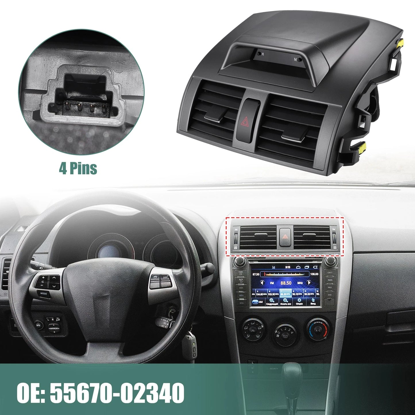 A/C Air Vent Outlet Panel with Clock for Toyota Corolla (2009-2013) Gray