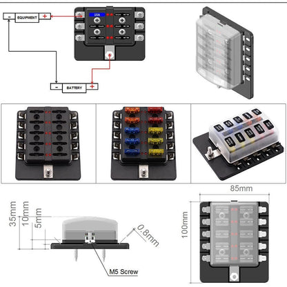 10 Way Circuit ATO ATC Blade LED Fuse Box Block Holder for Car