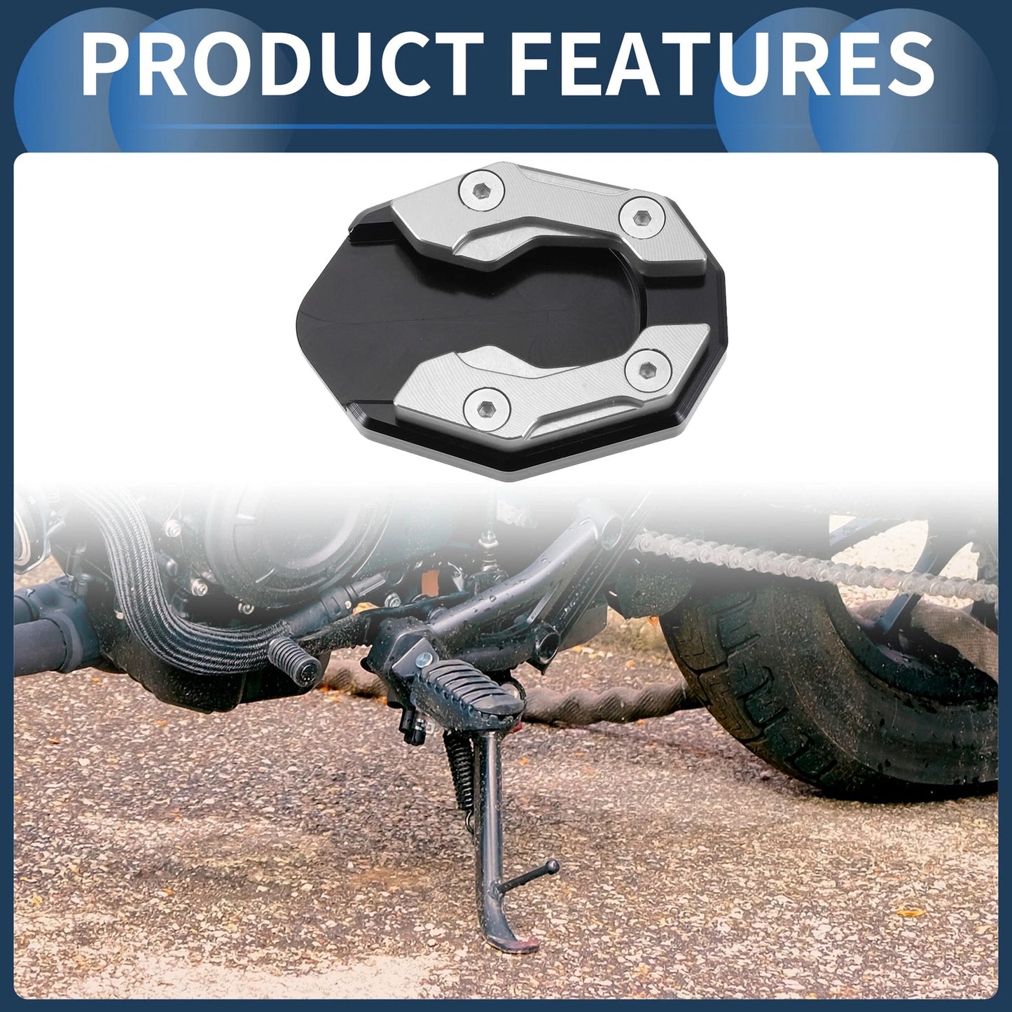 Side Stand Plate Pad / 1 Set / with Wrench Al Alloy Silver Tone for Motorcycle