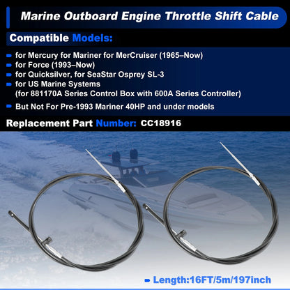 2 x 16FT GEN2 Boat Outboard Throttle Shift Cable for Mercury Engine CC189