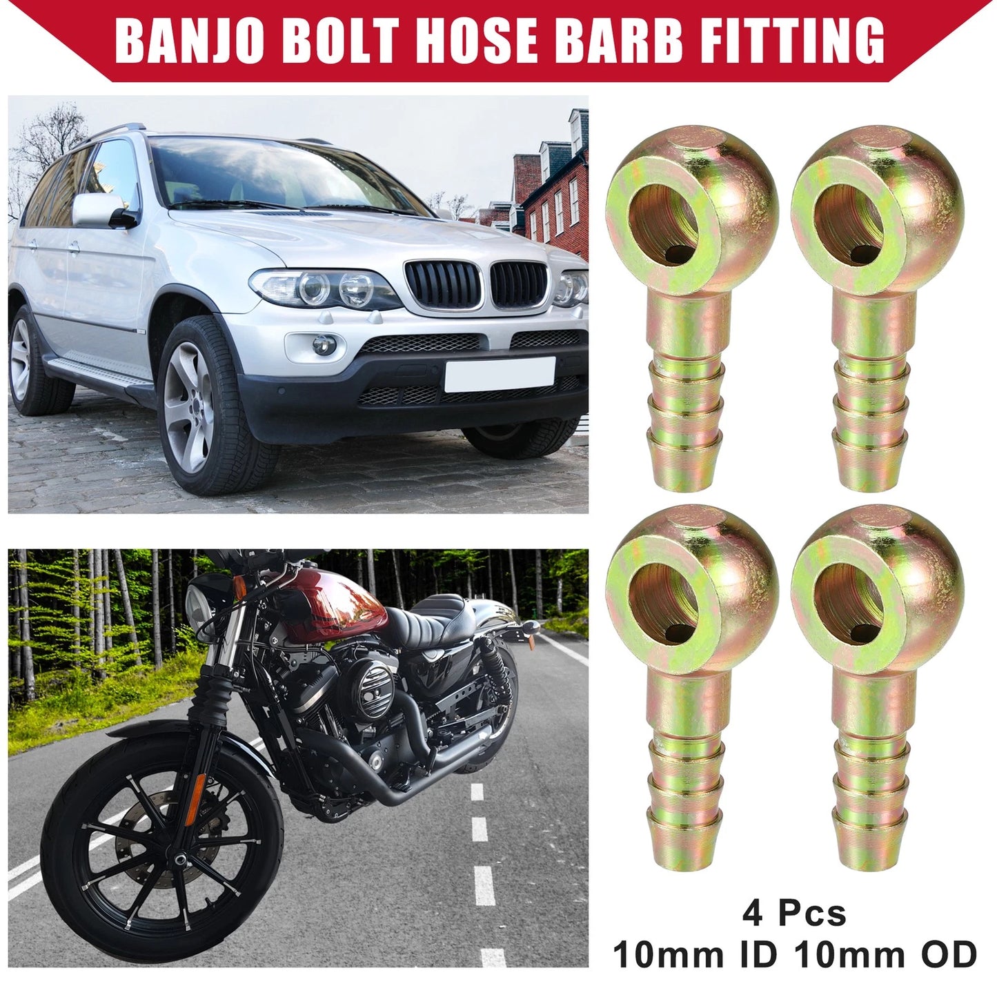 4 x Banjo Bolt Hose Barb Fitting 10mm ID 10mm OD Metal for Car Motorcycle