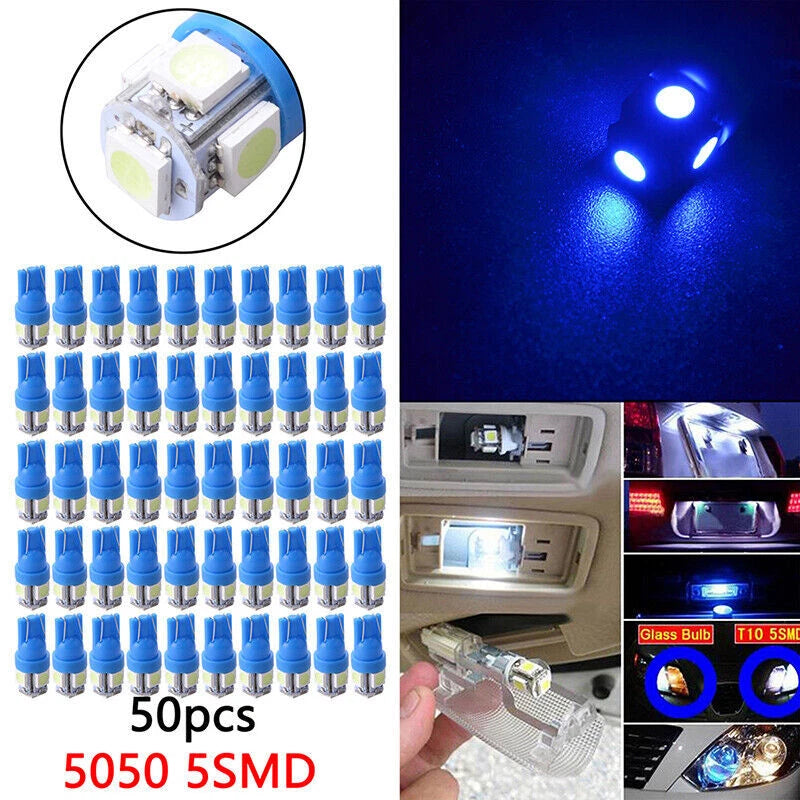 50PC Blue T10 Wedge 5050 5SMD LED Dome Map License Light Bulbs for Universal