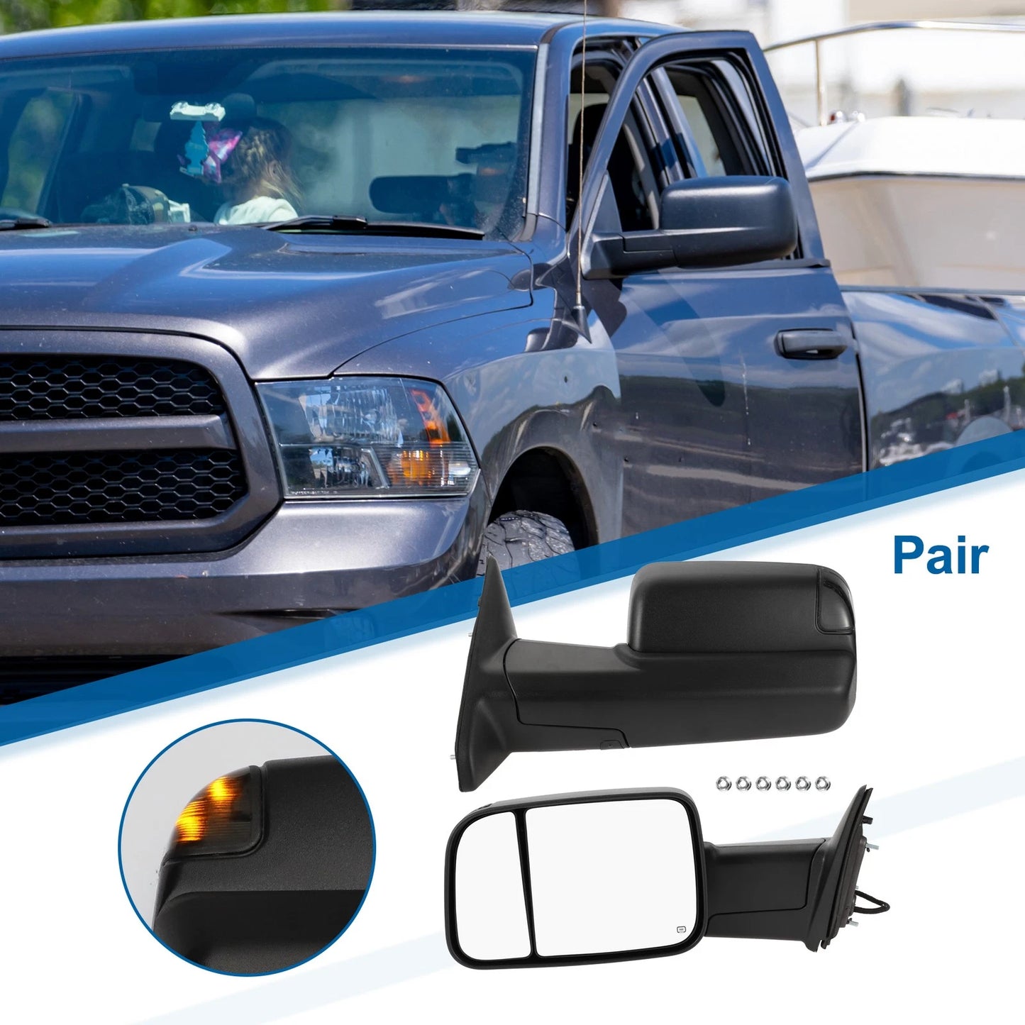 Tow Mirrors for Dodge Ram 1500 with Turn Signal Light Black (2009-2012)