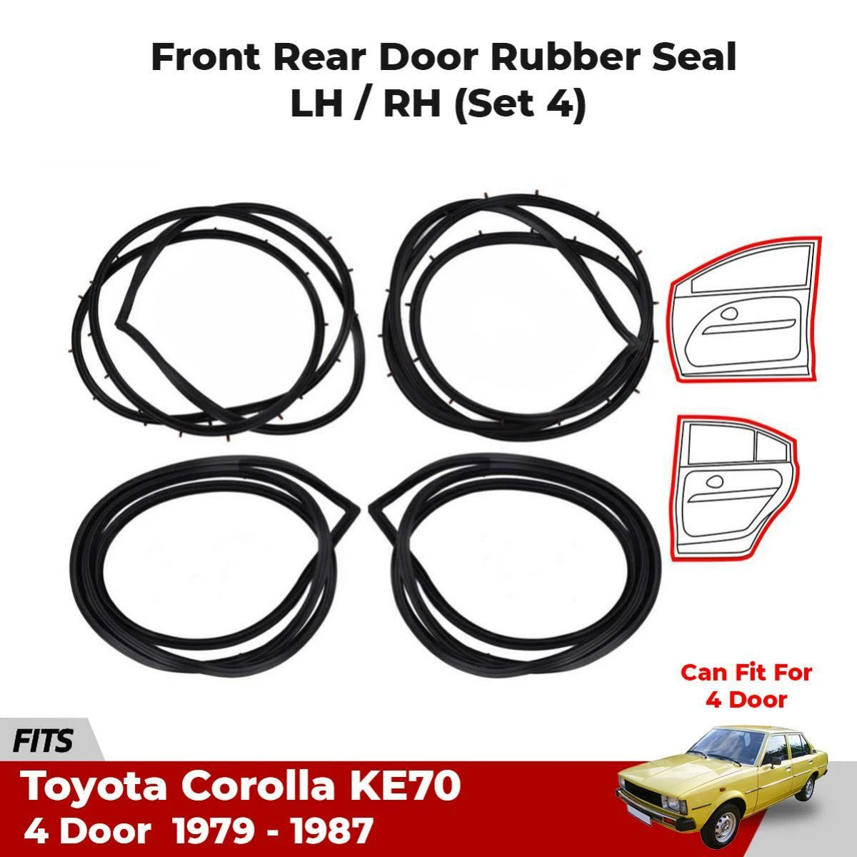 Set 4x Door Rubber Seal Weatherstrip Fits Toyota Corolla KE70 TE71 4D 1979-87